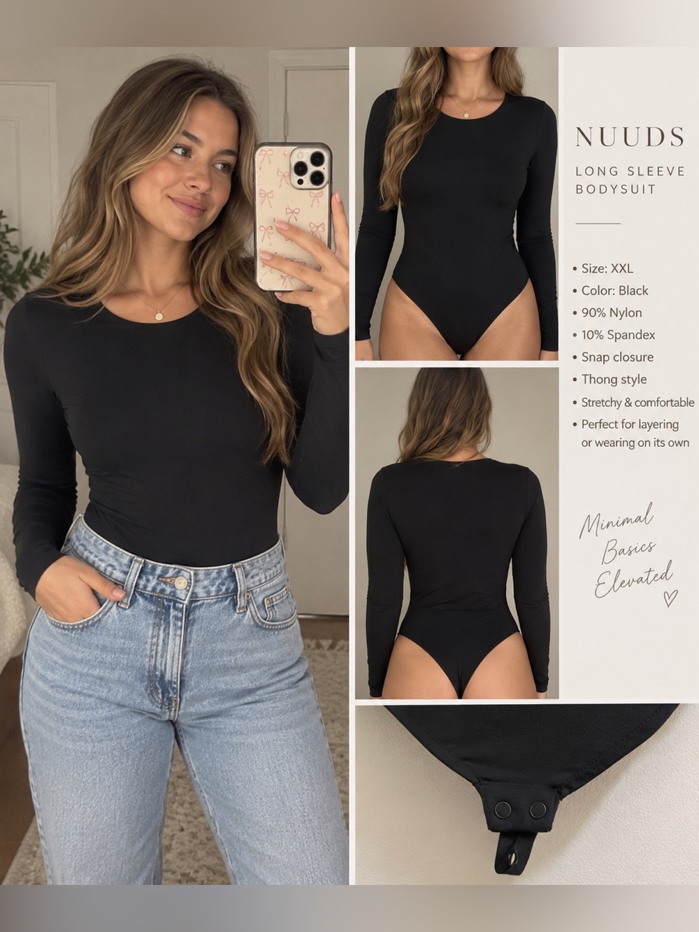 Nuuds Black Long Sleeve Bodysuit Women’s XXL Crew Neck Stretch Minimalist Basic